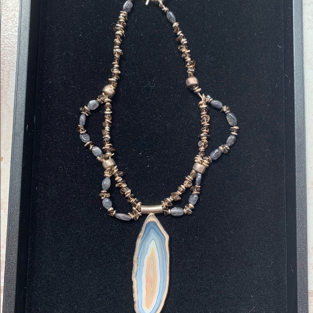 Handmade Natural Agate Slice Gemstone Sterling 925 Statement Necklace